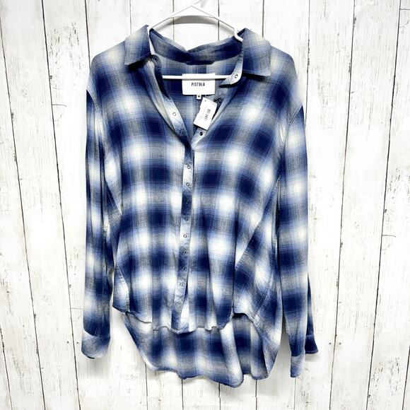 Pistola Sienna Button Up M Nirvana Plaid Flannel Snap Front Shirt Blue White - Picture 1 of 4